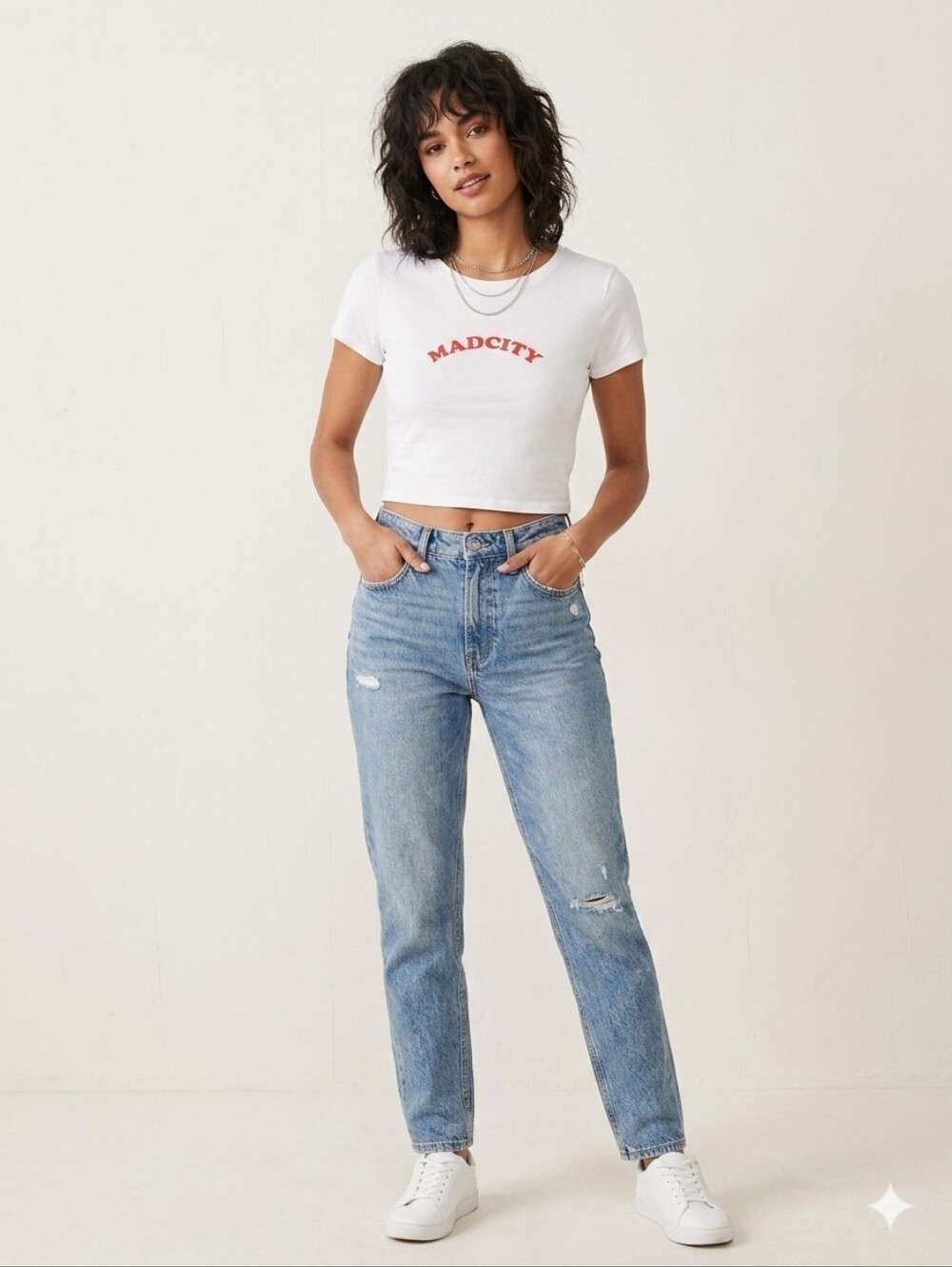 Y2K Mad City Crop Top Baby Tee White Red Madison Wisconsin Badgers Graphic XS/S